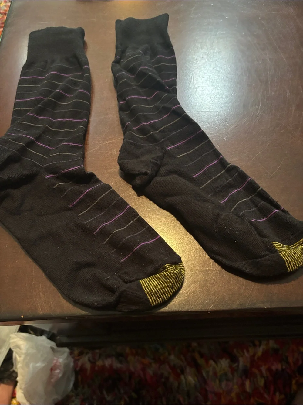 3 Pair Gold Toe Thin Dress Crew Socks Black w Gold, Purple & Purple Stripes NWOT
